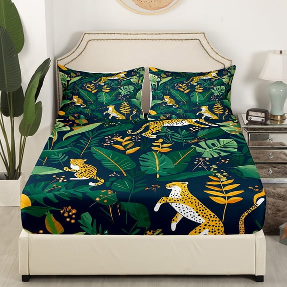 Castle Fairy Animal Cheetah 4 Pieces Queen Sheet Sets,Botanical Plants Ultra Soft Flat Sheet,Woodland Wildlife Queen Fitted Sheet,Ultra Soft Cartoon Home Decor