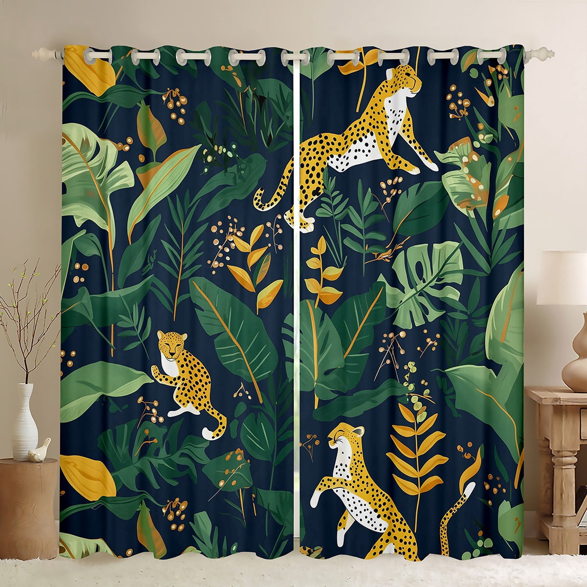 Castle Fairy Animal Cheetah Black Out Curtains,Botanical Plants Curtains Pack of 2 (42x63 Each),Woodland Wildlife Bedroom Curtains,Ultra Soft Cartoon Home Decor