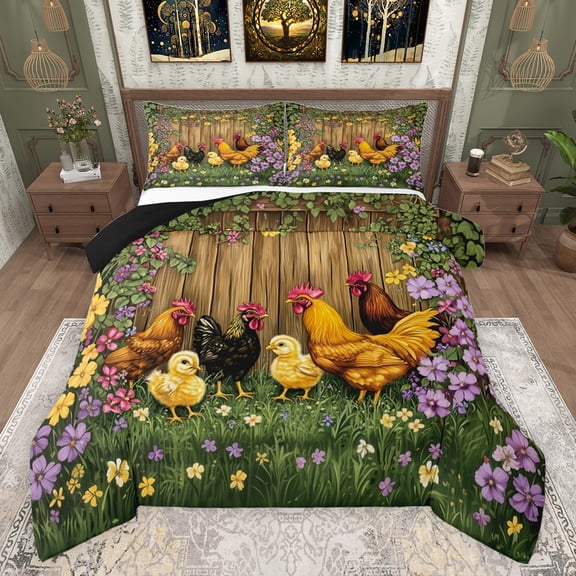 Castle Fairy Animal Chicken Rooster Bedding Comforter Set 2pcs for Kids Teens Adults,Chic Flowers Vintage Cabin Twin Comforter Sets Microfiber,Rustic Farmhouse Animal Breathable Bedding Set