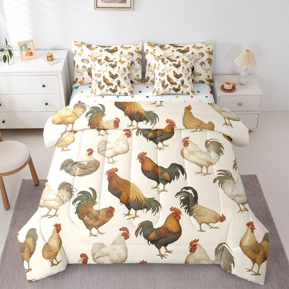 Castle Fairy Animal Chicken Twin Bedding Sets 7-Piece for Boys Girls,Rustic Farmhouse Bedding Comforter Set Microfiber,Vintage Aesthetic Breathable Sheet Sets,Breathable Home Decor,Reversible