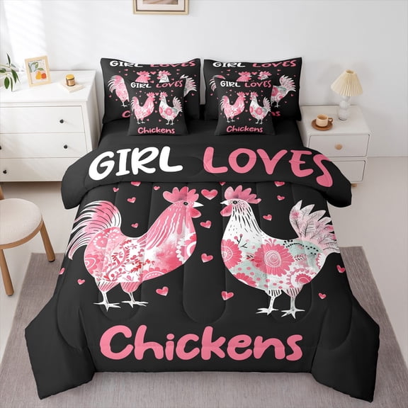 Castle Fairy Animal Chickens 7-Piece Bedding Comforter Set for Teens Kids,Farmhouse Animal King Bedding Sets,Black Pink Ultra Soft Bed Sheets,Breathable Home Decor