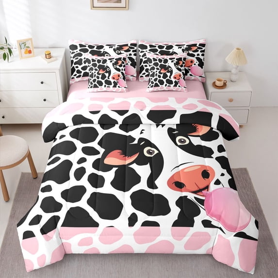 Castle Fairy Animal Cow Bedding Comforter Set 7 Pieces for Boys Girls,Rustic Farmhouse Full Bedding Set Lightweight,Cattle Print Fitted Sheet Flat Sheet,Breathable Home Decor,Reversible