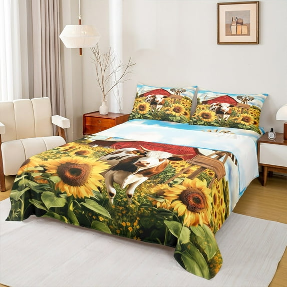 Castle Fairy Animal Cow Twin Sheet Sets 3pcs for Boys Girls,Rustic Farmhouse Cabin Twin Fitted Sheet Microfiber,Chic Floral Yellow Sunflowers Breathable Flat Sheet,Breathable Home Decor