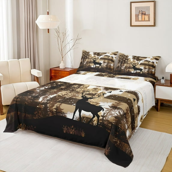 Castle Fairy Animal Deer 3Pcs Twin Sheet Sets for Women Men Teens,USA Flag Twin Fitted Sheet,Abstract Vintage Breathable Flat Sheet,Microfiber Bedroom Decor