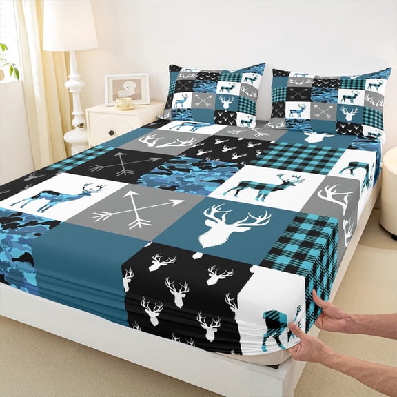 Castle Fairy Animal Deer 4-Piece Full Size Sheets,Black Blue Bed Sheets,Buffalo Plaid Lightweight Sheet Sets,Luxury Teens Bedroom Decor