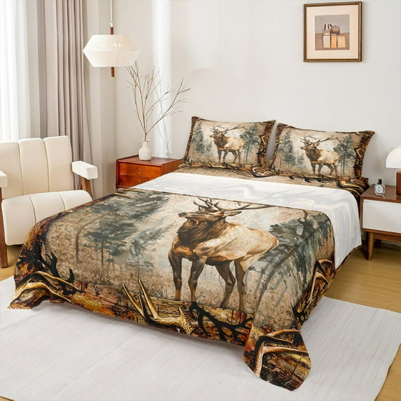 Castle Fairy Animal Deer 4pcs Bed Sheets,Tree Branches King Sheets,Abstract Vintage Super Cozy Sheet Set,Breathable Wildlife Home Decor