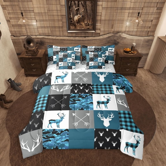 Castle Fairy Animal Deer 7-Piece Twin Bedding Sets,Black Blue Bedding Comforter Set,Buffalo Plaid Breathable Sheet Sets,Luxury Teens Bedroom Decor,Reversible