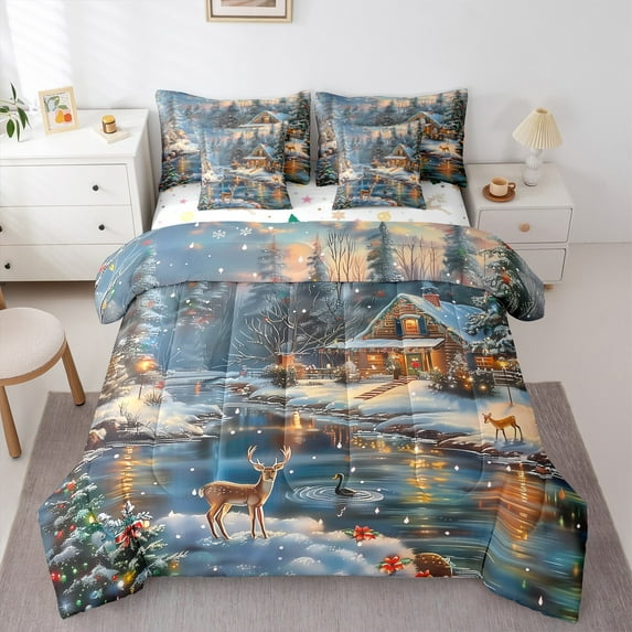 Castle Fairy Animal Deer 7-Piece Twin Bedding Sets for Teens Girls Boys,Rustic Cabin Bedding Comforter Set,Merry Christmas Breathable Sheet Sets,Super Cozy Room Decor