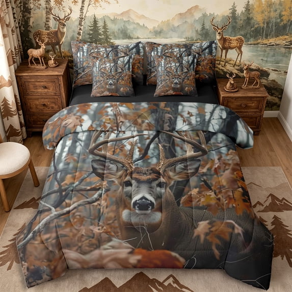 Castle Fairy Animal Deer 7-Piece Twin Bedding for Boys,Vintage Tree Branches Leaves Bedding Comforter Set,Brown Orange Cream,Black Reversible