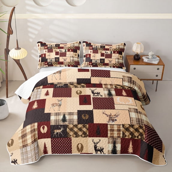 Castle Fairy Animal Deer Bed Spread Queen,Rustic Vintage Checkered Queen Coverlet Set,Burgundy Cream Brown
