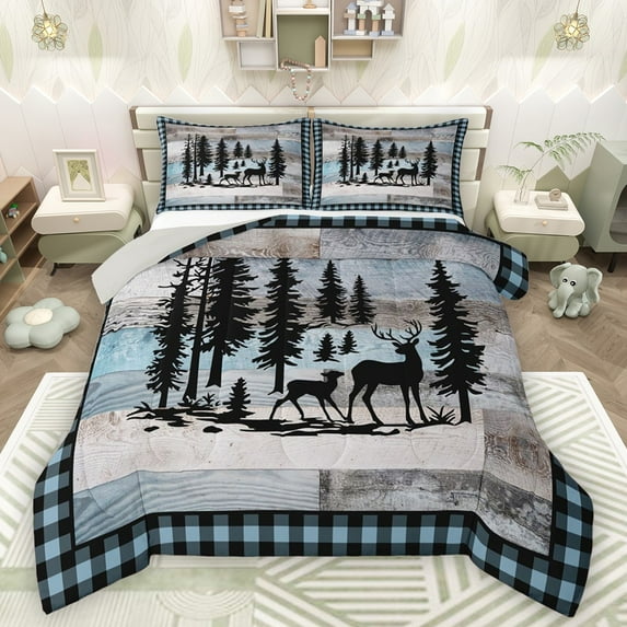 Castle Fairy Animal Deer Bedding Comforter Set 2pcs for Children Teens Adults,Vintage Lodge Cabin Twin Comforter Sets Microfiber,Woodland Wildlife Breathable Bedding Set,Microfiber Bedroom Decor