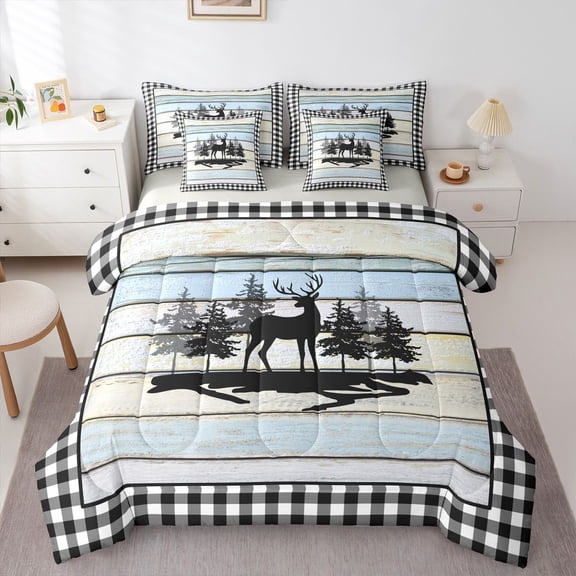 Castle Fairy Animal Deer Bedding Comforter Set 7 Pieces for Children Teens Adults,Vintage Lodge Cabin Full Bedding Set Lightweight,Woodland Wildlife Fitted Sheet Flat Sheet,Microfiber Bedroom Decor