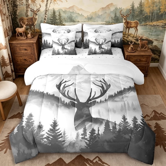 Castle Fairy Animal Deer Full Size Bedding Sets 7 Pieces,Jungle Moutain Wildlife Full Size Bed in a Bag,Gray Off White,Reversible