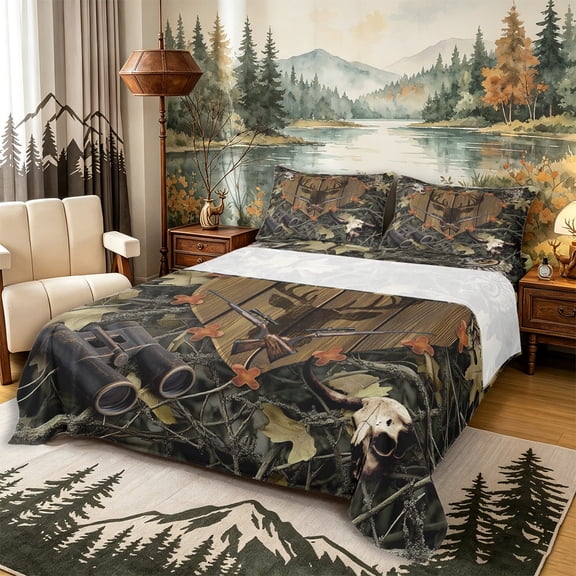 Castle Fairy Animal Deer Hunting Queen Sheets 4 Pieces,Owl Bull Skull Leaves Queen Sheet Sets,Brown Dark Green Cream,1 Fitted Sheet, 1 Flat Sheet and 2 Pillowcases