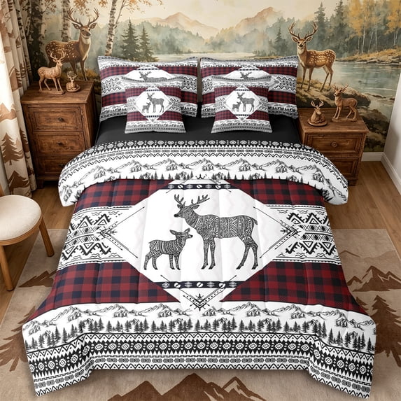 Castle Fairy Animal Deer King Bedding 7pcs,Bohemian Aztec Wildlife King Bed in a Bag,Black Reversible