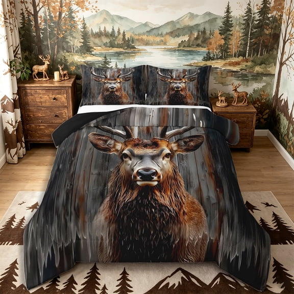 Castle Fairy Animal Deer King Size Comforter Sets 3pcs for Teens,Vintage Cabin Comforters King Size,Brown Gray,Black Reversible,1 Comforter and 2 Pillowcases