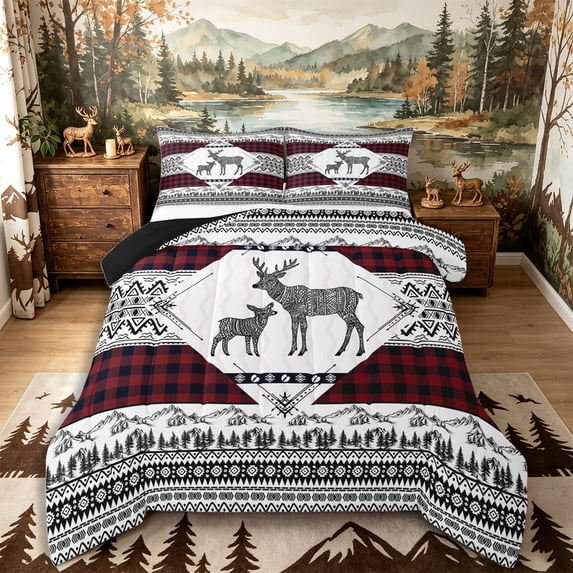 Castle Fairy Animal Deer Queen Comforter Set 3 Pieces,Bohemian Aztec Wildlife Comforter Sets Queen,Black Reversible,1 Comforter and 2 Pillowcases