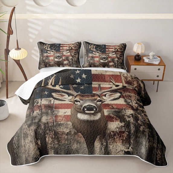 Castle Fairy Animal Deer Quilt King for Teens,Rustic American Flag King Coverlet Set,Red Blue Brown