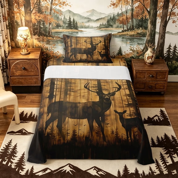 Castle Fairy Animal Deer Silhouette Twin Sheets 3pcs for Boys,Rustic Cabin Bedding,Sepia Brown Black,1 Fitted Sheet, 1 Flat Sheet and 1 Pillowcase