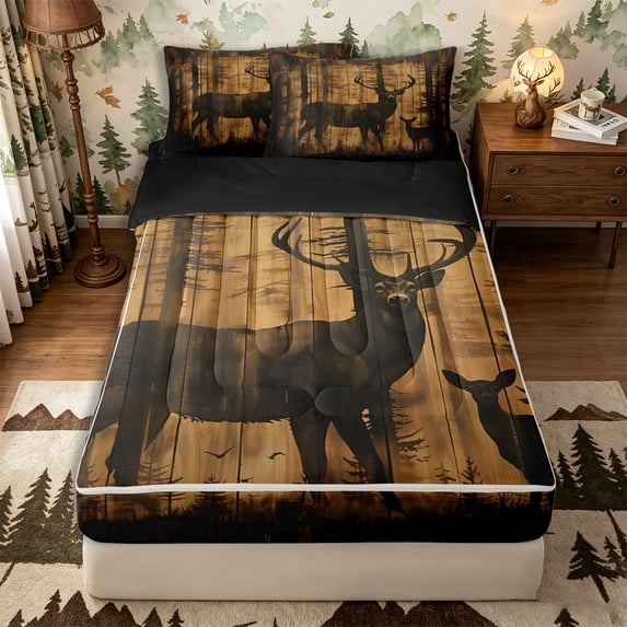 Castle Fairy Animal Deer Silhouette Zipper Twin Comforter Sets with Fitted Sheet and 2 Pillowcases for Boys,Rustic Cabin Zipper Bedding Set,Sepia Brown Black,Black Reversible,4-Piece
