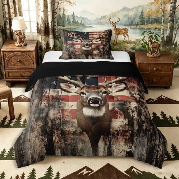 Castle Fairy Animal Deer Twin Comforter Sets 2pcs for Teens,Rustic American Flag Bedding Set,Red Blue Brown,Black Reversible,1 Comforter and 1 Pillowcase