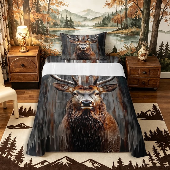 Castle Fairy Animal Deer Twin Sheets 3pcs for Teens,Vintage Cabin Bedding,Brown Gray,1 Fitted Sheet, 1 Flat Sheet and 1 Pillowcase
