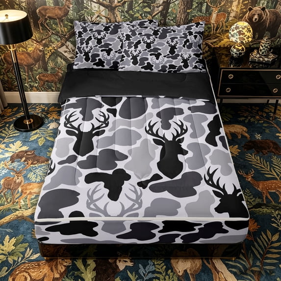 Castle Fairy Animal Deer Zipper Queen Comforter Set with Fitted Sheet and 2 Pillowcases,Black Gray Camouflage Zipper Bedding Set,Black Reversible,4 Pieces
