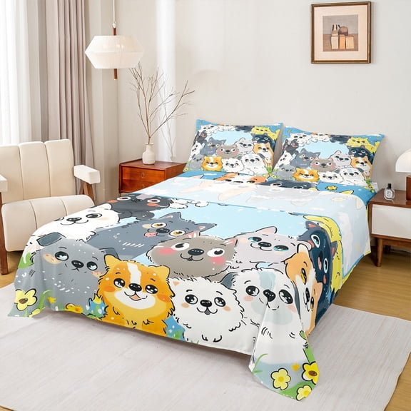 Castle Fairy Animal Dogs 4-Piece Full Size Sheets,Yellow Flower Bed Sheets,Kawaii Cute Lightweight Sheet Sets,Luxury Kids Bedroom Decor