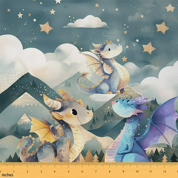 Castle Fairy Animal Dragon Fabric by the Yard 2 Yard,Kawaii Dino Sewing Fabric,Starry Sky Home Decor Fabric by the Yard,Luxury Child Bedroom Decor