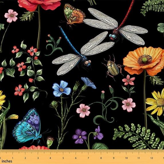 Castle Fairy Animal Dragonfly Fabric by the Yard 1 Yard,Chic Flower Home Decor Fabric by the Yard,Abstract Vintage Room Decor Fabric by the Yard,Breathable Floral Home Decor