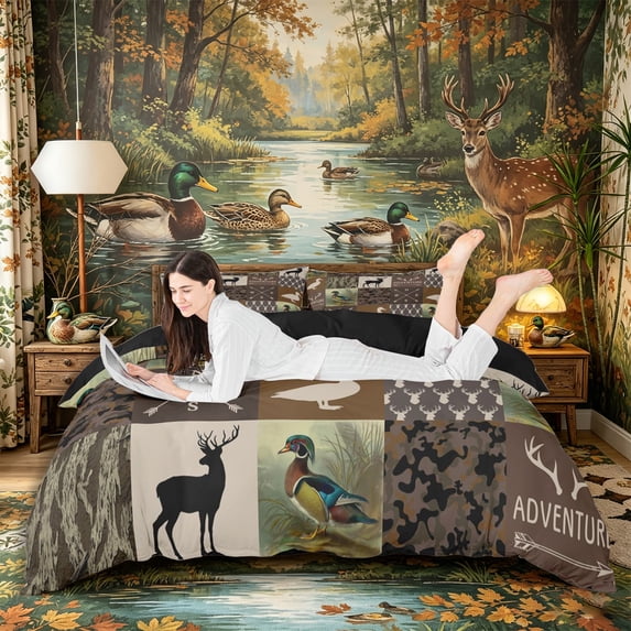 Castle Fairy Animal Duck Deer Duvet Cover Queen,Adventure Theme Camouflage Queen Bedding,Brown Tan Cream,Black Reversible,3-Piece,No Comforter,1 Duvet Cover and 2 Pillowcases