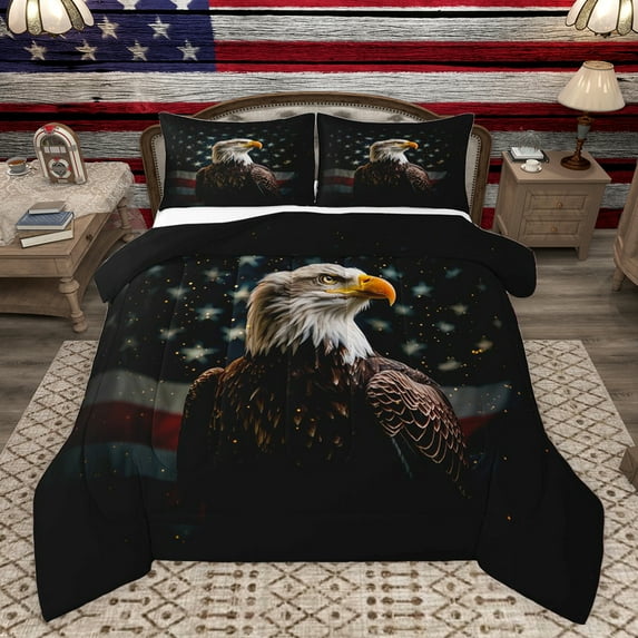 Castle Fairy Animal Eagle 3 Pieces Queen Comforter Set for Kids Teens,Abstract Vintage US Flag Ultra Soft Bedding Sets,Retro Stripes Stars Print Bedding Comforter Set Breathable