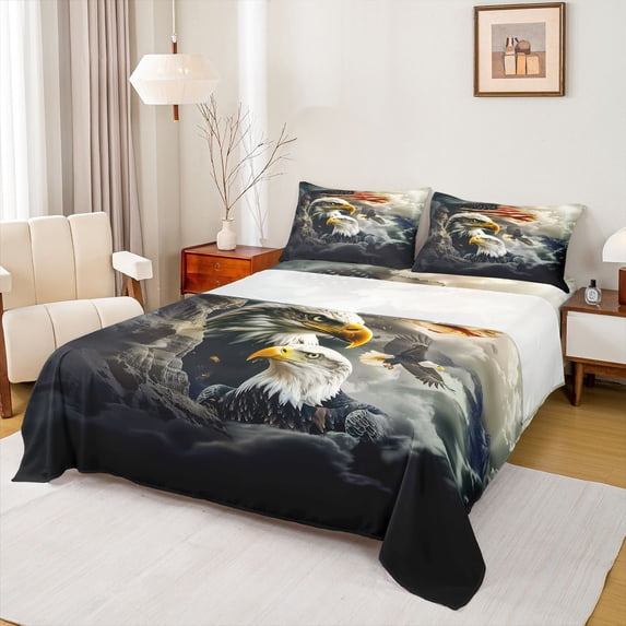 Castle Fairy Animal Eagle 4pcs Bed Sheets for Adults Female Men,Vintage American Flag King Sheets,Mountain Sea Super Cozy Sheet Set,Microfiber Bedroom Decor
