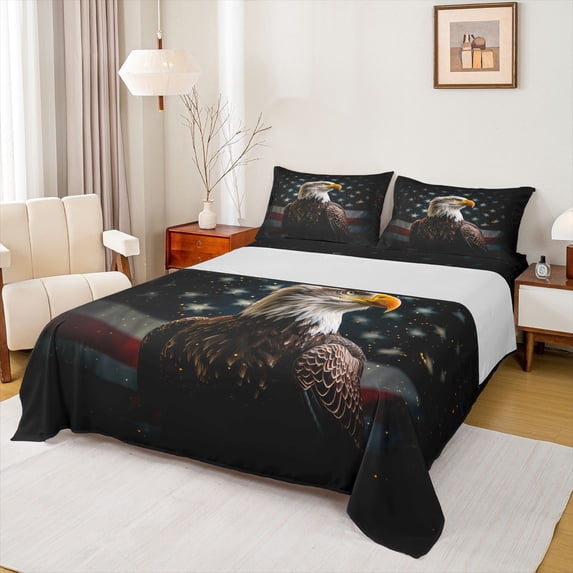Castle Fairy Animal Eagle Twin Sheet Sets 3pcs for Kids Teens,Abstract Vintage US Flag Twin Fitted Sheet Microfiber,Retro Stripes Stars Print Breathable Flat Sheet,Breathable Home Decor