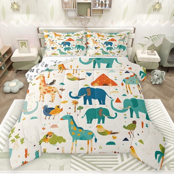 Castle Fairy Animal Elephants Giraffe Bedding Comforter Set 2pcs for Kids Boys Girls,Cartoon Wildlife Twin Comforter Sets Microfiber,Cute Kawaii Breathable Bedding Set,Luxury Bedroom Decor