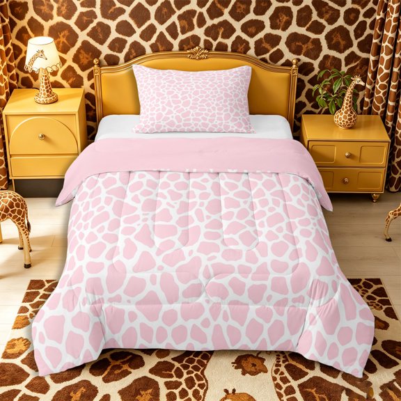 Castle Fairy Animal Giraffe Spot Print Twin Comforter Sets 2pcs for Girls,Abstract Wildlife Stripes Bedding Set,Pink White,Pink Reversible,1 Comforter and 1 Pillowcase