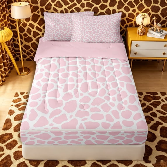 Castle Fairy Animal Giraffe Spot Print Zipper Queen Comforter Set with Fitted Sheet and 2 Pillowcases for Girls,Abstract Wildlife Stripes Zipper Bedding Set,Pink White,Pink Reversible,4 Pieces