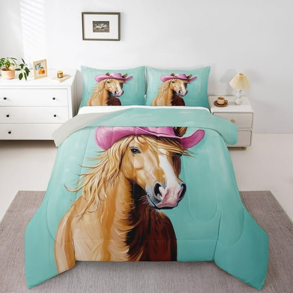 Castle Fairy Animal Horse 3 Pieces Queen Comforter Set,Western Theme Ultra Soft Bedding Sets,Cowgirl Hat Bedding Comforter Set,Ultra Soft Exotic Home Decor,Reversible