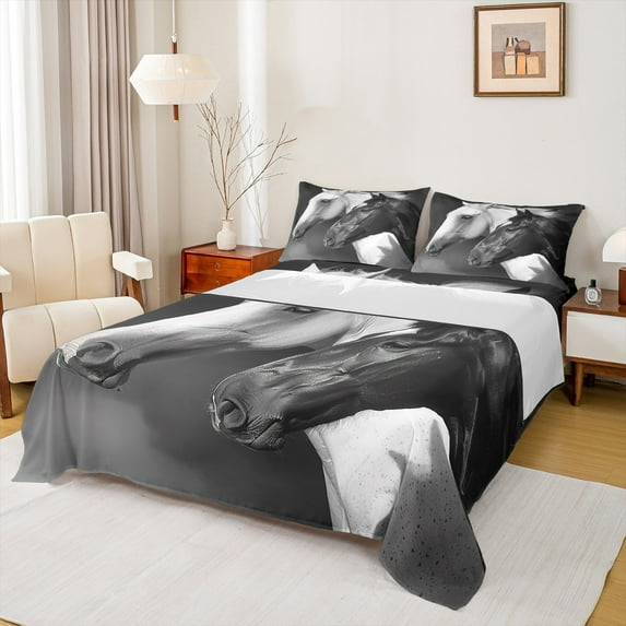 Castle Fairy Animal Horse 4 Pieces Queen Sheet Sets,Rustic Farmhouse Ultra Soft Flat Sheet,Galloping Horse Queen Fitted Sheet,Microfiber Teens Bedroom Decor