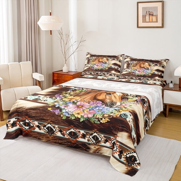 Castle Fairy Animal Horse 4pcs Bed Sheets for Female Men Women,Bohemian Tribal Aztec King Sheets,Farmhouse Cow Print Super Cozy Sheet Set,Breathable Home Decor