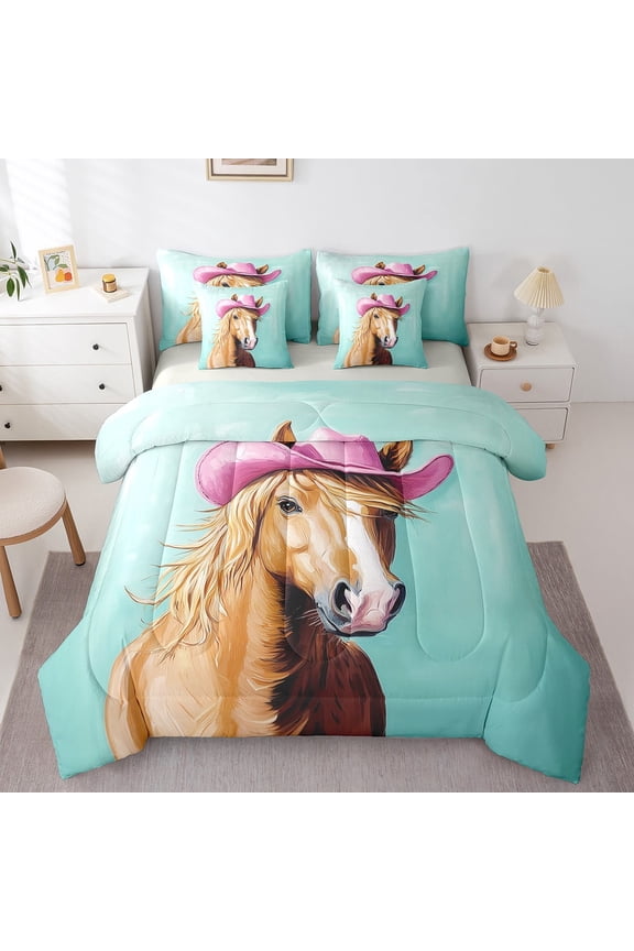 Animal Horse 7-Piece Twin Bedding Sets,Western Theme Bedding Comforter Set,Cowgirl Hat Breathable Sheet Sets,Ultra Soft Exotic Home Decor,Reversible