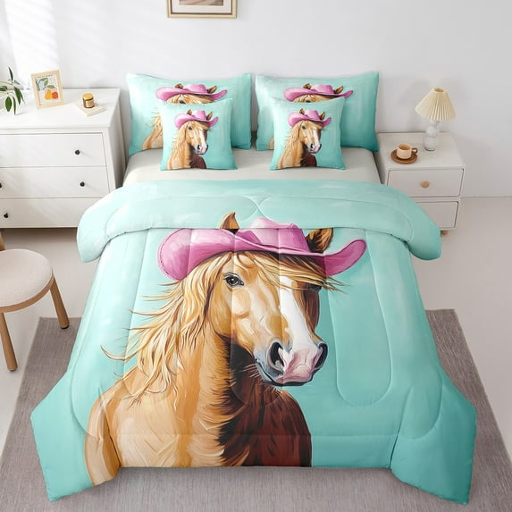 Castle Fairy Animal Horse 7pcs Bedding Comforter Set,Western Theme Queen Bedding Sets Super Cozy,Cowgirl Hat Queen Sheet Sets,Ultra Soft Exotic Home Decor,Reversible