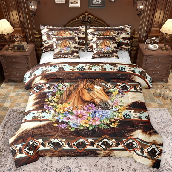 Castle Fairy Animal Horse Twin Bedding Sets 7-Piece for Female Men Women,Bohemian Tribal Aztec Bedding Comforter Set Microfiber,Farmhouse Cow Print Breathable Sheet Sets,Breathable Home Decor