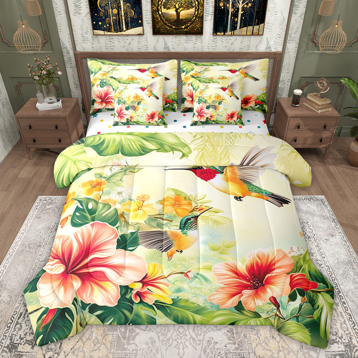Castle Fairy Animal Hummingbird Bedding Comforter Set,Chic Flowers King ...
