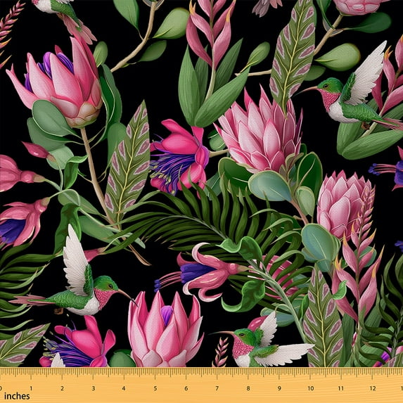 Castle Fairy Animal Hummingbird Fabric by the Yard 1 Yard,Chic Flower Home Decor Fabric by the Yard,Green Pink Room Decor Fabric by the Yard,Microfiber Bedroom Decor