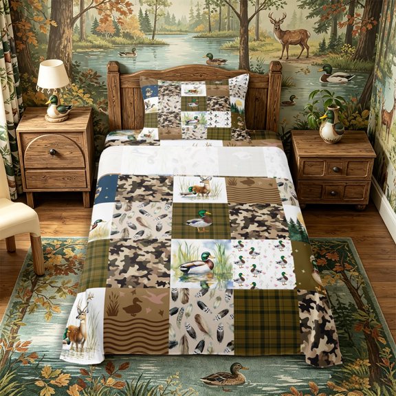 Castle Fairy Animal Hunting Deer Mallard Duck Twin Sheets 3pcs,Retro Plaid Camo Feather Bedding,Coffee Brown Cream,1 Fitted Sheet, 1 Flat Sheet and 1 Pillowcase