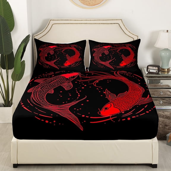 Castle Fairy Animal Koi 3pcs Twin Sheet Sets,Japanese Style Twin Fitted Sheet,Cherry Blossom Breathable Flat Sheet,Luxury Teenager Bedroom Decor