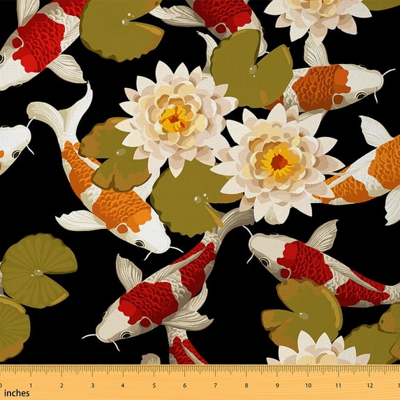 Castle Fairy Animal Koi Fabric by the Yard 1 Yard for Teenager,Floral Lotus Home Decor Fabric by the Yard,Japanese Style Room Decor Fabric by the Yard,Microfiber Bedroom Decor