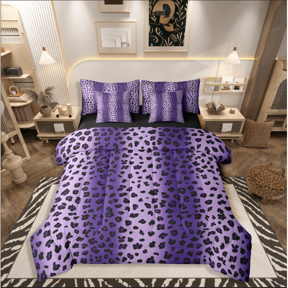 Castle Fairy Animal Leopard 7-Piece Twin Bedding Sets for Teenagers,Gradient Purple Bedding Comforter Set,Abstract Vintage Breathable Sheet Sets,Microfiber Bedroom Decor
