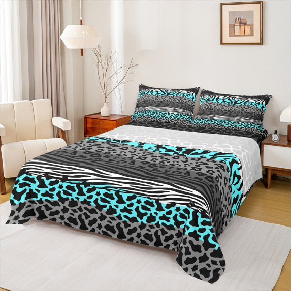 Castle Fairy Animal Leopard Cheetah Zebra Print Full Size Sheets 4-Piece for Kids Teens Adults,Abstract Stripes Lines Breathable Bed Sheets,Vintage Aesthetic Lightweight Sheet Sets